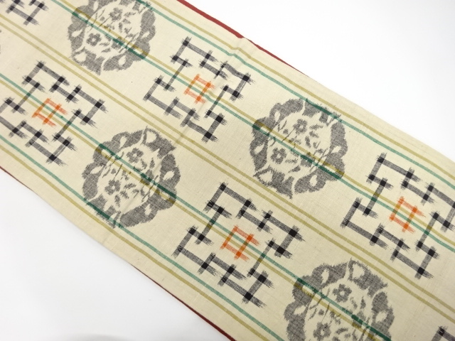 手織り節紬　縞に花模様織り出し　袋帯